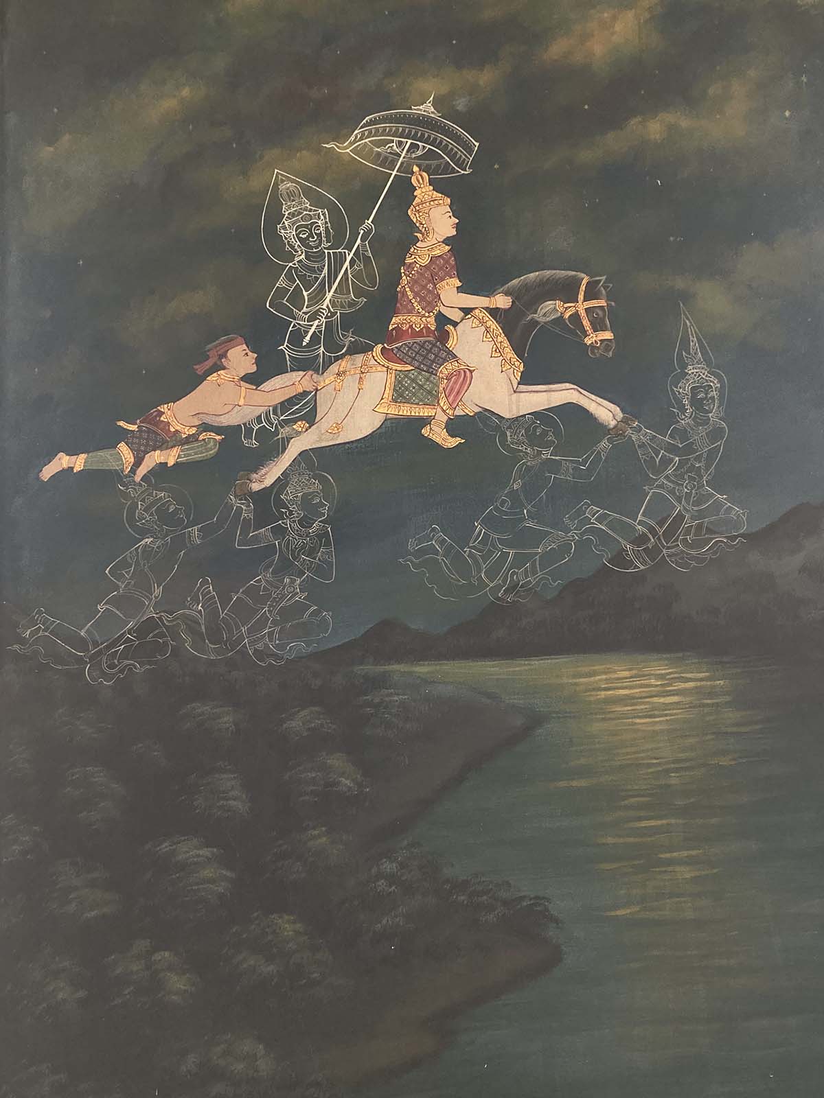Angels assisting prince Siddhattha leaving the palace to enter monkhood.