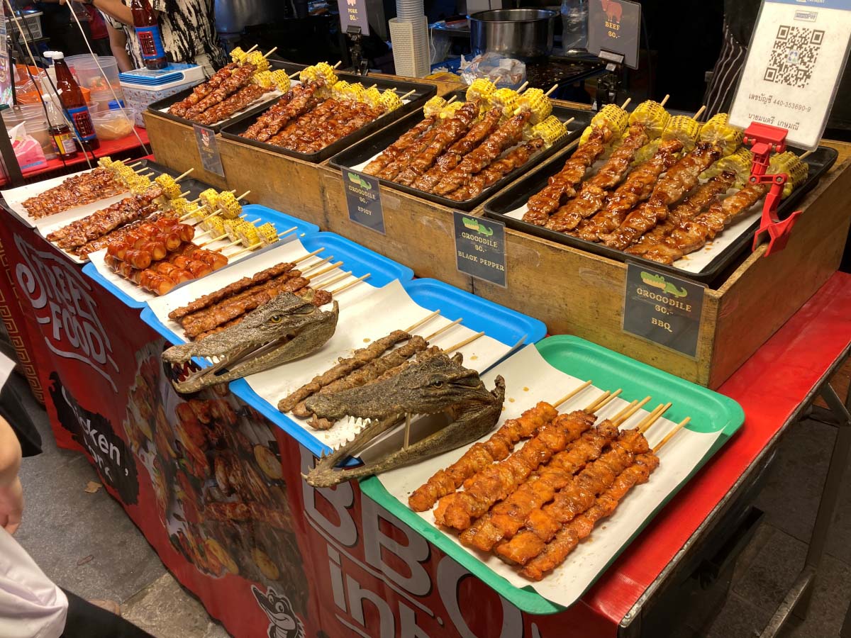Various meat options for BBQ. Crocodile meat is also available for this shop.