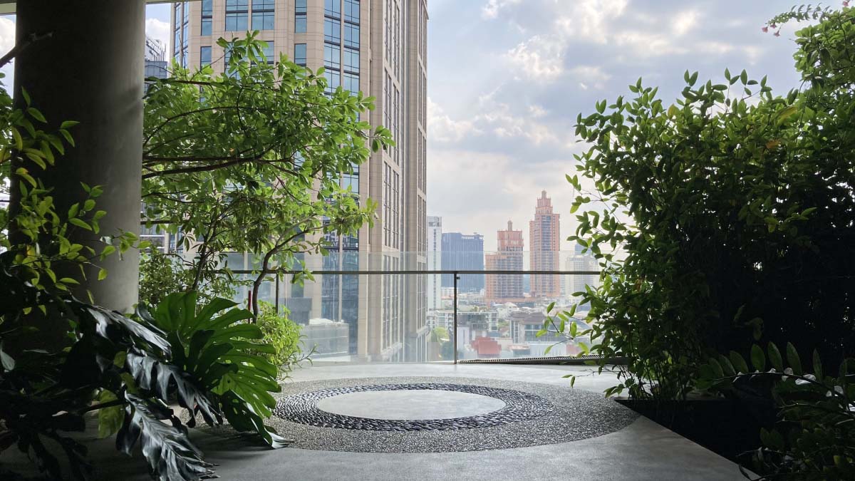 A space to take a city view from the Helix Garden.